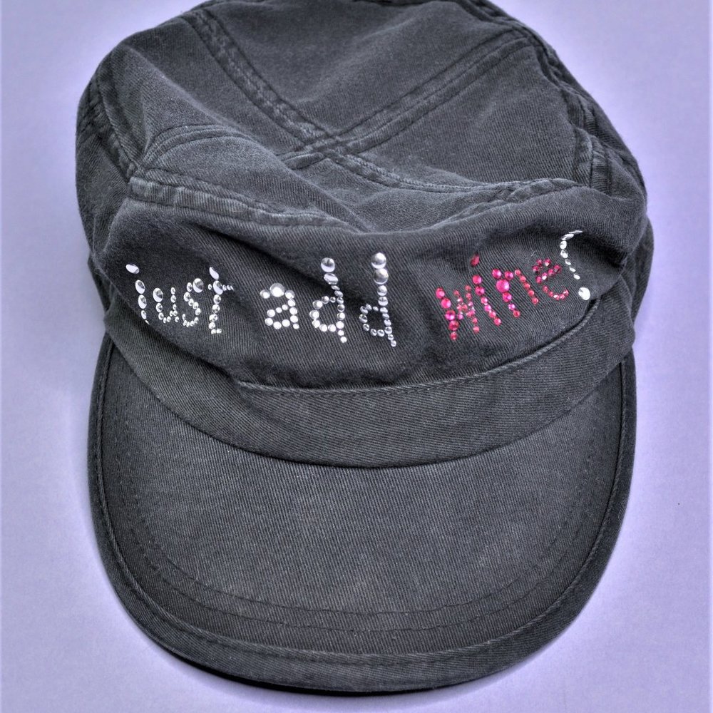 Charcoal Grey Denim Hat with Beaded Detail "Just Add Wine"